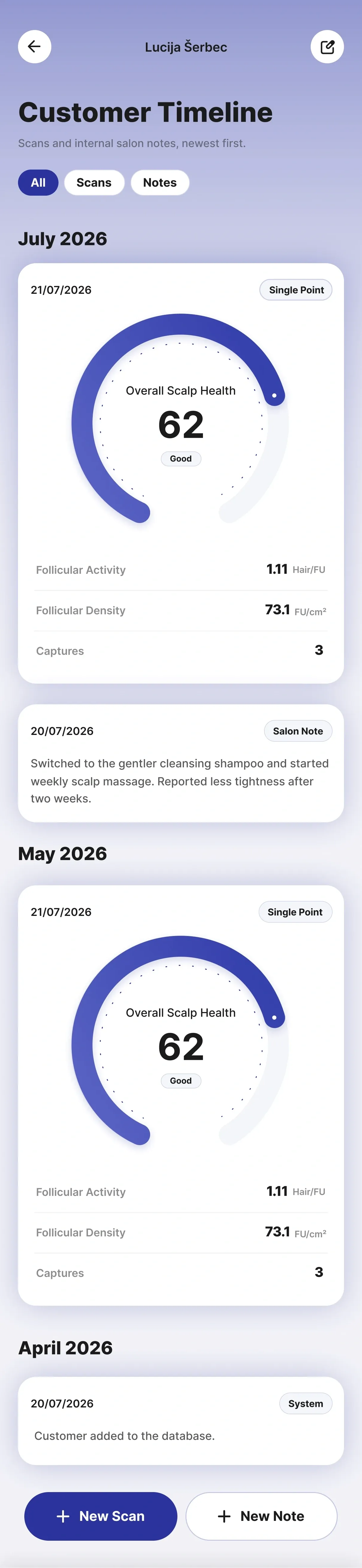 Customer timeline showing past scans and salon notes